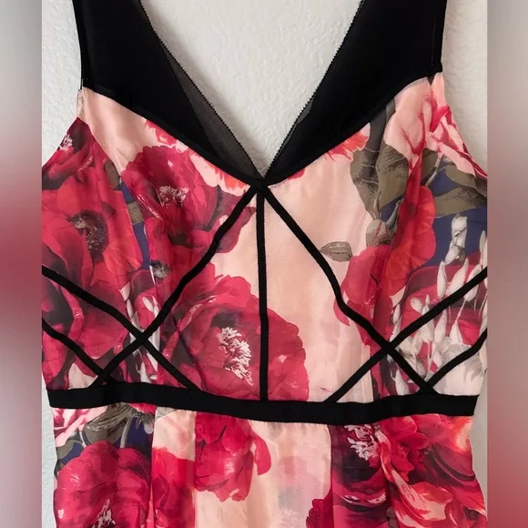 White House Black Market Red Floral Organza Dress Peach Satin Black Accents 10 - Picture 10 of 16